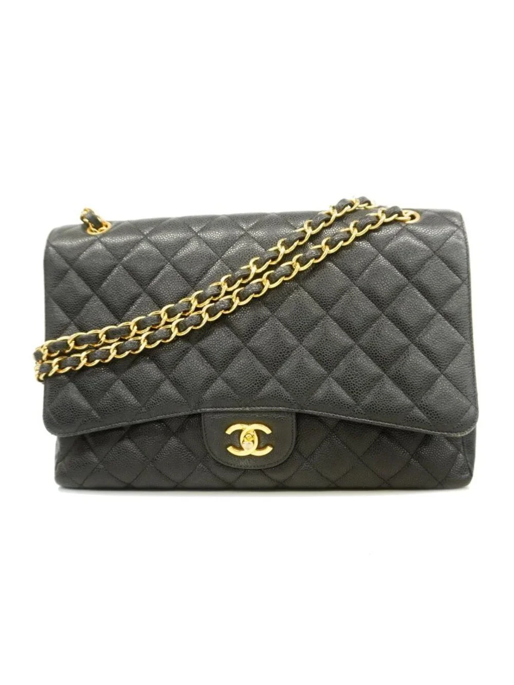 Chanel Shoulder Bag Maxi Quilted Caviar Leather Brown Gold